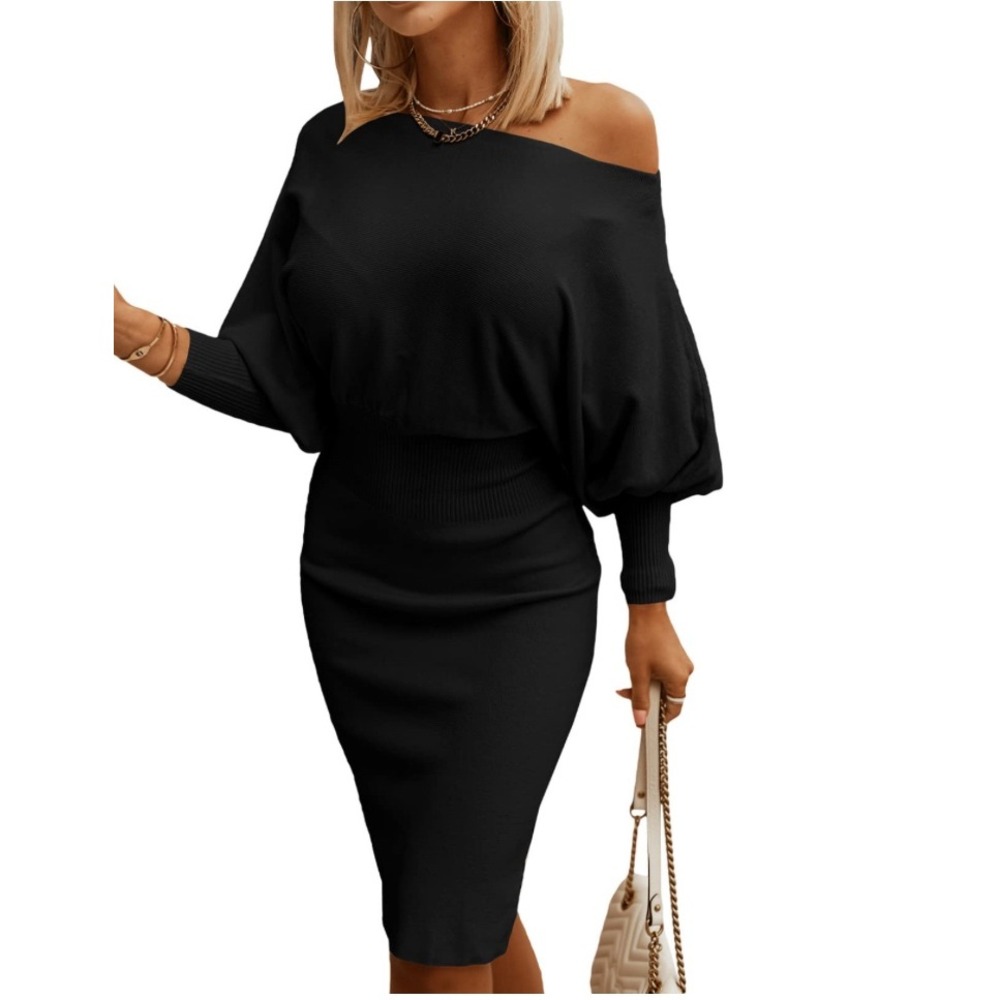 DOKOTOO Black Off Shoulder Long Lantern Sleeve‎ Sweater Dress Elastic Waist XL